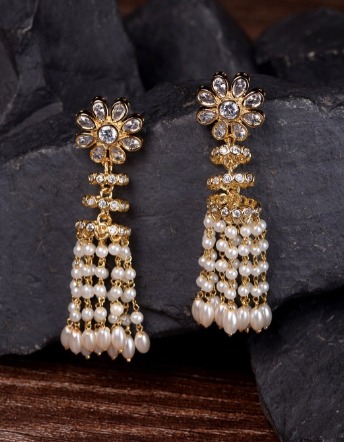 Gold Toned Pearl Beaded Drop Earrings