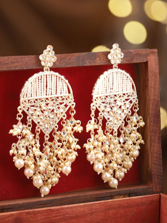 18k Gold Plated Kundan Work And Pearl Beaded Intricate Chandbali Earrings