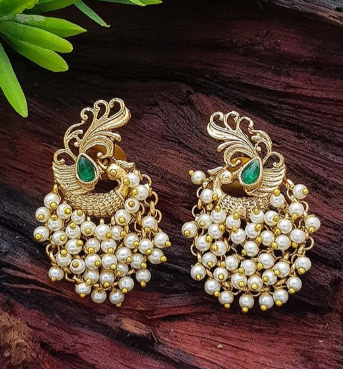 Gold Plated Peacock Shaped Ad Studded Drop Earrings