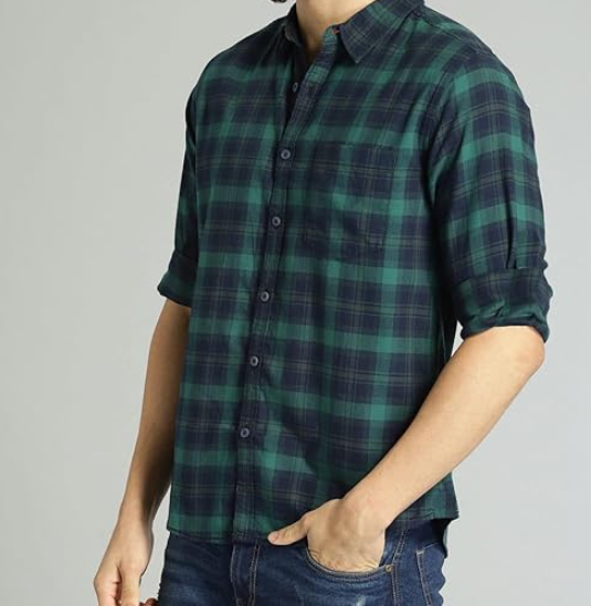 Cotton Casual Regular Fit Green Checks Shirt For Men