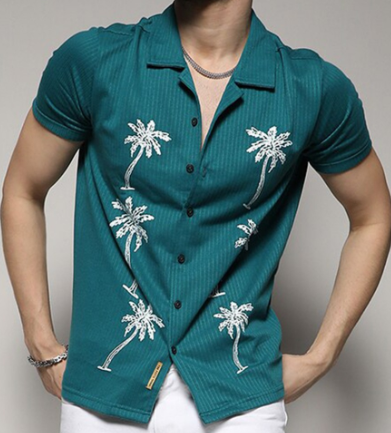 Classic Floral Embroidered Cuban Collar Shirt For Men